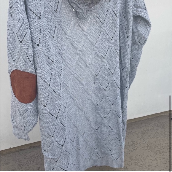 Bohemian Cable Knit Grey Lace Long Hood Gray Boho Grey Cardigan Elbow Patches - Picture 6 of 7